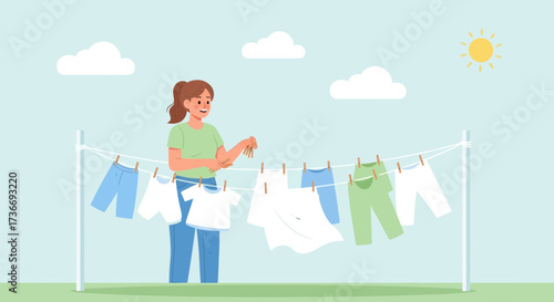 Illustration of a woman hanging clothes to dry in the fresh air with sunny weather