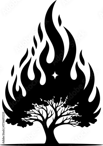 Dynamic graphic illustration of a stylized tree engulfed by powerful, abstract black flames, symbolizing nature's resilience and transformative energy