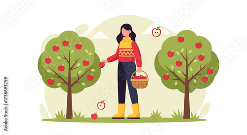 Illustration of a woman harvesting apples from a tree at an apple orchard during autumn.