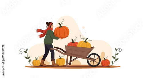 Illustration of a woman harvesting pumpkins with a wheelbarrow in autumn season