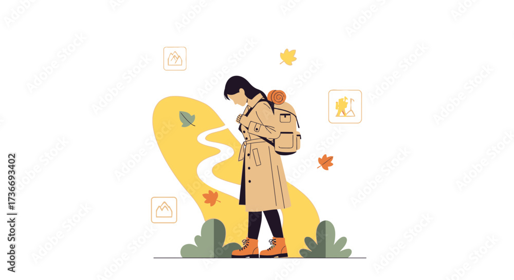 Naklejka premium Illustration of a woman hiking in the mountains with a backpack with an autumn theme