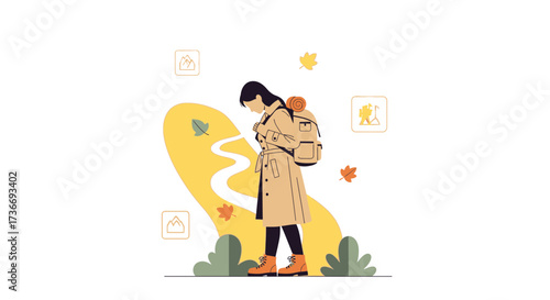 Illustration of a woman hiking in the mountains with a backpack with an autumn theme