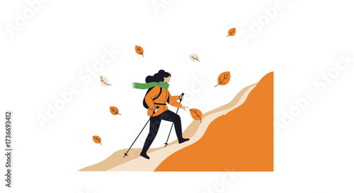 Illustration of a woman hiking up a hill during autumn season with leaves