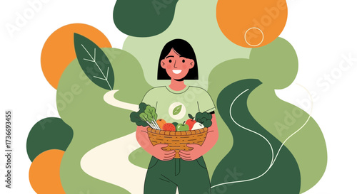 Illustration of a woman holding a basket of fresh fruits and vegetables outdoors