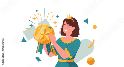 Illustration of a woman holding a gold medal, representing achievement and success
