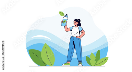 Illustration of a woman holding a water bottle with nature-themed elements