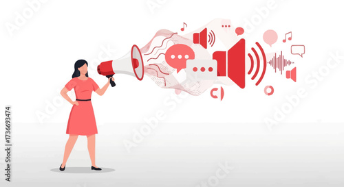 Illustration of a woman holding megaphone with speech bubbles, creative marketing