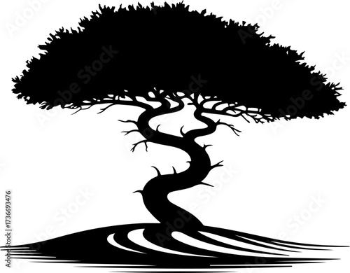 Stylized black silhouette of an ancient twisted tree representing the concept of life, growth, and endurance