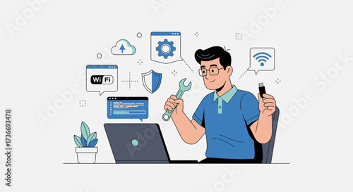Illustrative Representation Of Tech Repair With Wi-Fi, USB Drive, and System Settings  Visuals
