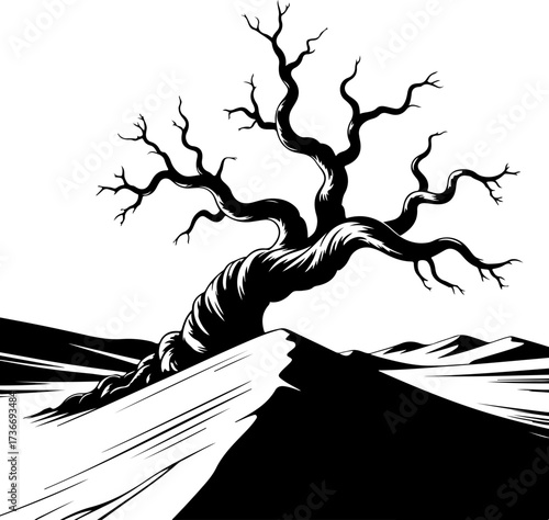 Powerful black and white graphic illustration of an old, gnarled tree on a windswept sand dune, showcasing nature's resilience in a stark, desolate landscape