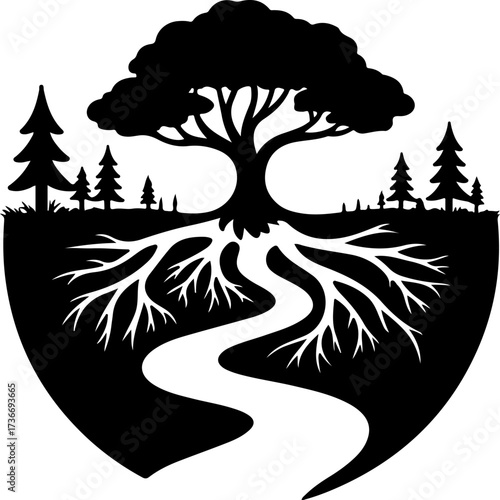 A powerful tree with an extensive root system symbolizing the source of a flowing river or path of life