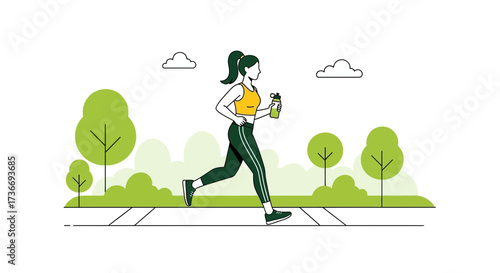 Illustration of a woman jogging in the park holding a water bottle for exercise