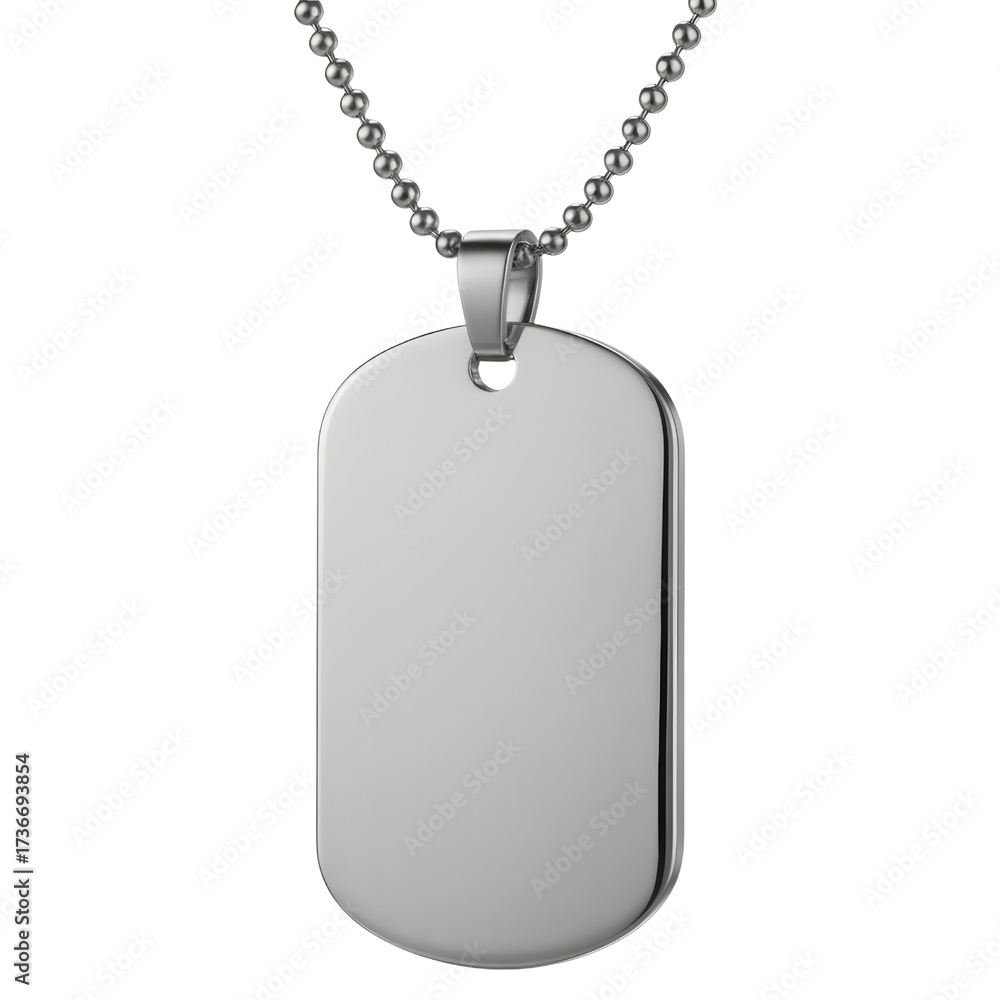Fototapeta premium Shiny Silver Dog Tag Necklace With Metal Chain Used As Fashion Jewelry And Military Symbol