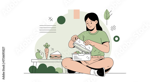 Illustration Of a Woman Opening a Lunchbox with Healthy Food in Minimalist Style