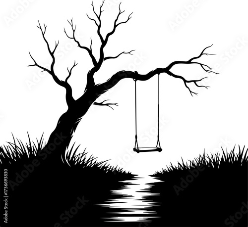 Ethereal silhouette of a solitary, bare tree with an empty swing, evoking feelings of serene contemplation and nostalgic introspection by a reflective path