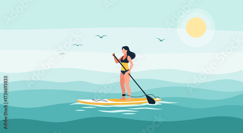 Illustration of a woman paddleboarding on the ocean on a sunny day