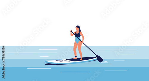 Illustration of a woman paddleboarding on water during a beautiful sunny day