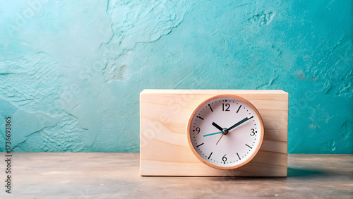 Wallpaper Mural Wooden clock on table with textured blue wall background Torontodigital.ca
