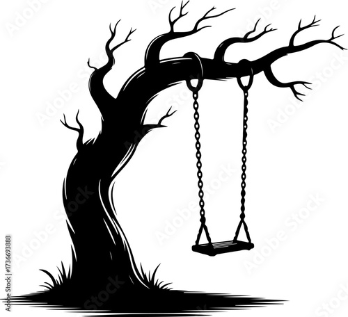 Vector illustration of a creepy dead tree silhouette with an empty swing for a horror or Halloween theme