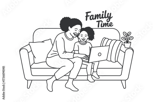 Mother and child enjoying family time together on a couch with a laptop