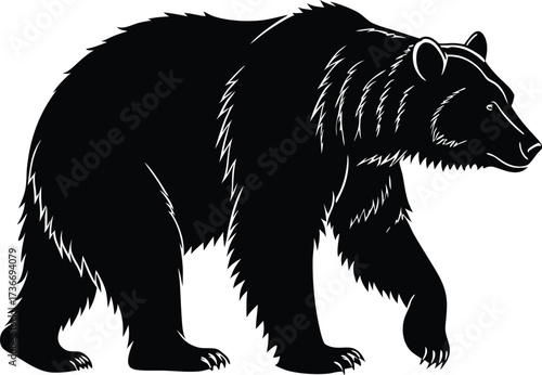 Bold Black Grizzly Bear Silhouette in Profile Simple Graphic Design with No Internal Details