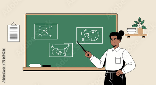 Instructor Explaining Diagrams On Board, Illustrating Lessons And Geometric Designs Conceptually