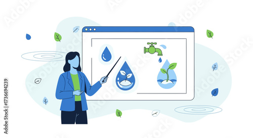 Illustration of a woman presenting water conservation and environmental protection