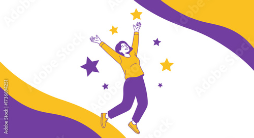 Illustration of a woman reaching for stars to represent success and achievements