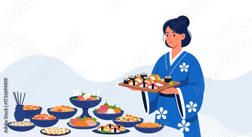 Japanese Cuisine Presentation: A Woman in Kimono Showcasing Delicious Sushi Delicacies