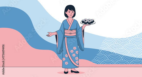 Japanese Woman Presenting Sushi On A Plate With Artistic Background And Colorful Style
