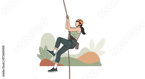 Illustration of a woman rock climbing or rappelling in a colorful outdoor setting