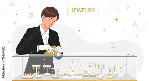 Jeweler Polishing Precious Gemstones in a Display Case for Luxurious Presentation