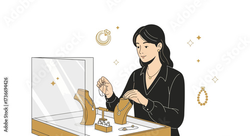 Jewelry Artisan Examines Necklace: Elegance in Display, Detailing Precious Gems