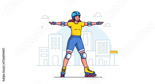 Illustration of a woman roller skating with safety equipment in an urban setting