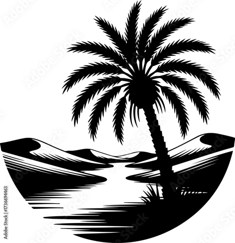 Striking black silhouette vector of a tranquil desert oasis with a palm tree, river, and sand dunes