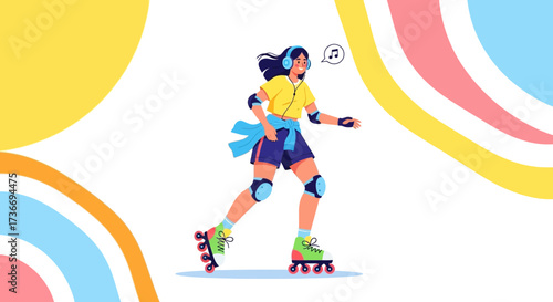 Illustration of a woman rollerskating while listening music with fun and relaxing vibes