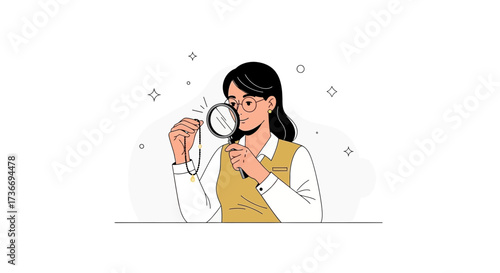 Jewelry Expert Examines Gemstone Necklace with Magnifying Glass, Assessing Quality Accurately
