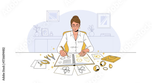 Jewelry Designer at Work: Illustration of a Skilled Artisan Creating Designs and Craft