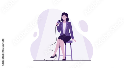 Illustration of a woman sitting on a stool and giving a speech with a microphone