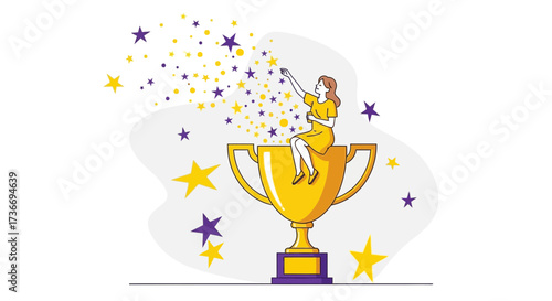 Illustration of a Woman Sitting on a Trophy Reaching for Stars as a Reward
