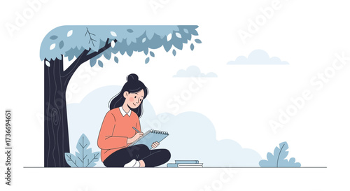 Illustration of a woman sitting under a tree writing in a notebook outdoors