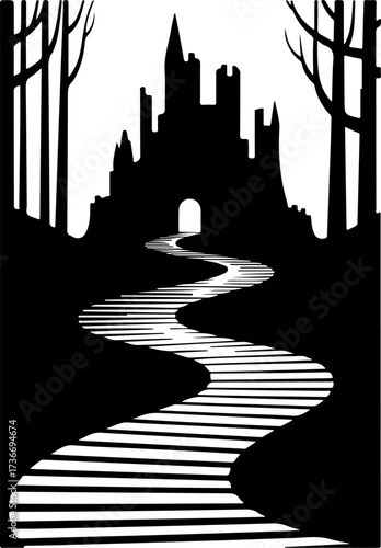 A stark vector art illustration of a mysterious winding path leading to a formidable dark castle nestled within a silhouetted forest, evoking an eerie atmosphere and a sense of an epic journey ahead
