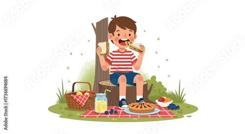 Joyful Boy Enjoying Lunch Sandwich In Nature Sitting On A Tree Stump, Picnic
