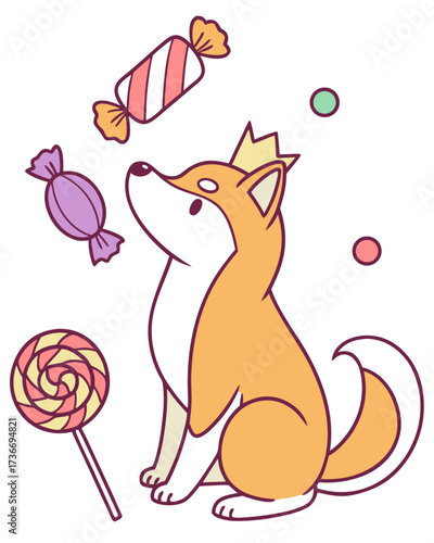 Vector illustration of a Funny Shiba inu with with a tiny crown, styled in a Birthday theme using Candy Shop colors