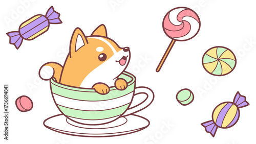 Cute SVG of a Playful Shiba inu in Candy Shop colors, featuring in a teacup in a Birthday setting