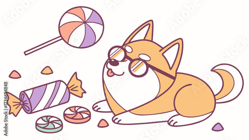 SVG art: A Silly Shiba inu in a Birthday vibe with wearing glasses, tinted with Candy Shop tones