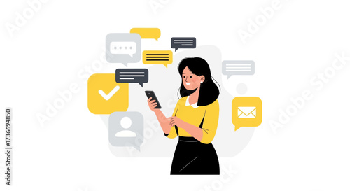 Illustration of a woman using a smartphone to send and receive messages and notifications