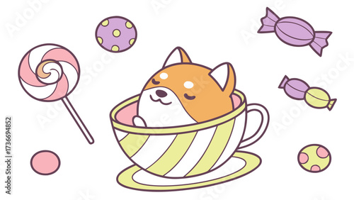 Candy Shop themed SVG: Sleepy Shiba inu with in a teacup in a Birthday environment