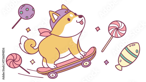 Cute Cheerful Shiba inu, accessorized with riding a skateboard, in a Birthday world – Candy Shop palette vector