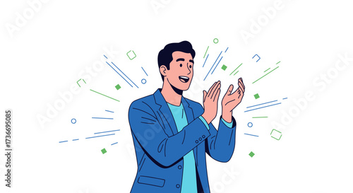 Joyful Businessman's Applause Celebration Illustrated With Festive Graphic Elements